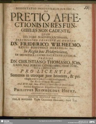 Dissertatio Inauguralis Iuridica, De Pretio Affectionis In Res Fungibiles Non Cadente