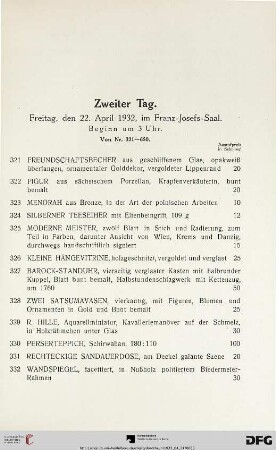 Zweiter Tag: Freitag, den 22. April 1932, im Franz-Josef-Saal, Beginn um 3 Uhr (Nr. 321-650)