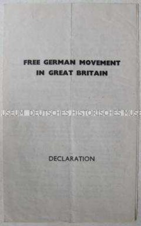 Flugschrift mit dem Wortlaut der Gründungs-Deklaration der Freien Deutschen Bewegung in Großbritannien (in englischer Sprache)