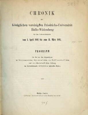 Chronik der Martin-Luther-Universität Halle-Wittenberg in Halle (Saale). 1892/93