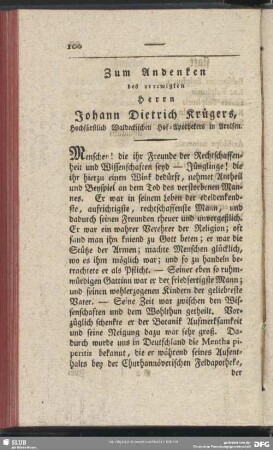 Zum Andenken des verewigten Herrn Johann Dietrich Krügers, Hochfürstlich Waldeckischen Hof-Apothekers in Arolsen