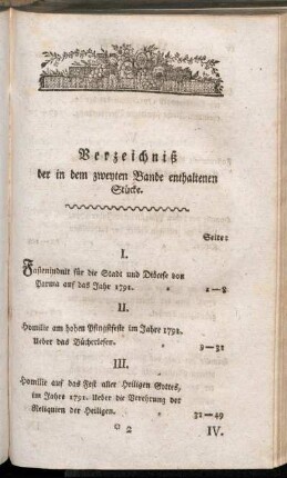 Verzeichniß der in dem zweyten Bande enthaltenen Stücke