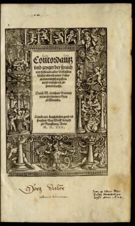 Concordantz || vnd zeyger der sprüch || vnd historien/ aller Biblischen || bücher alts vñ news Testa=||ments teütsch registers||weiß verfaßt vñ zů=||samen bracht.|| Durch M. Lienhart Brunner || verweser des wort Gots || zů Wormbs.||