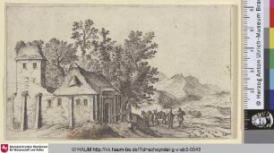 [Bauernhaus vor Bäumen in hügeligem Land; Farm before Trees in hilly Country]