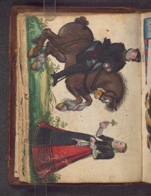 Gouache: Dame reicht einem reitenden Kavallier eine Blume entgegen