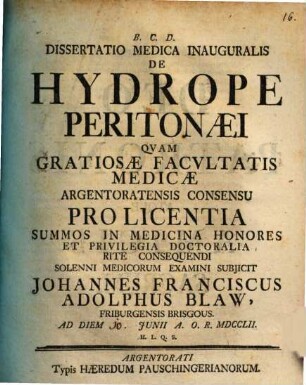 Diss. med. inaug. de hydrope peritonaei