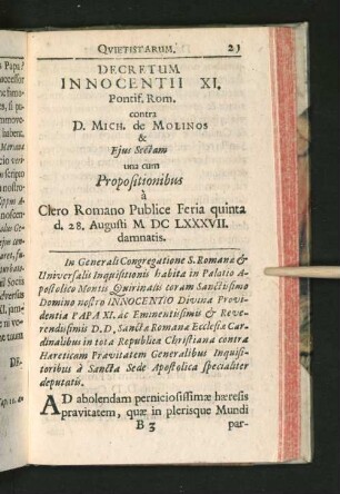 Decretum Innocentii XI. Pontif. Rom. contra D. Mich. de Molinos ...