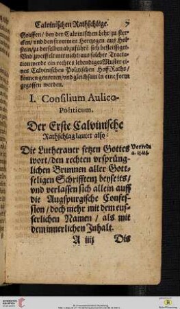 I. Consilium Aulico - Politicum. Der Erste Calvinische Rathschlag lautet also: