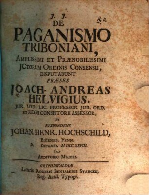 De paganismo Triboniani, disp.