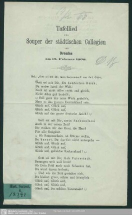 Tafellied zum Souper der städtischen Collagien von Dresden am 15. Februar 1868