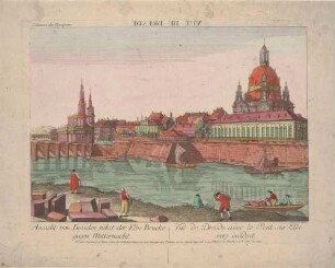 Dresden, Stadtansicht der Altstadt über die Elbe vom Neustädter Ufer mit Augustusbrücke, Hofkirche, Brühlscher Terrasse und Frauenkirche, seitenverkehrtes Guckkastenbild