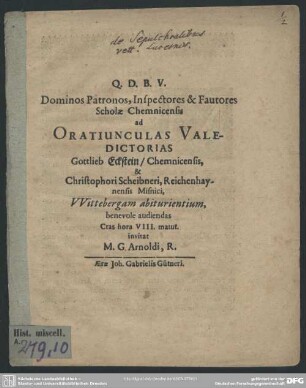 Dominos Patronos, Inspectores & Fautores Scholae Chemnicensis ad Oratiunculas Valedictorias