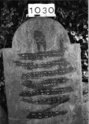 Grabstein 1030 (Index: 99630533) Material: Sandstein Zustand: leicht verwittert Maße HxBxT: 153x65x7 cm Beschreibung: Stele mit eingezogenem Rundbogenabschluß: Grabstein 1030 (Detailaufnahme)