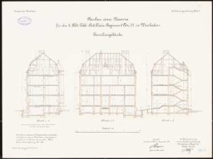 Artilleriekaserne II/27, Wiesbaden: Familienwohnhaus II: Längsschnitt, Querschnitte 1:100