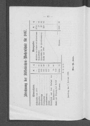 Abrechnung der Stiftskirchen=Wochenschule für 1897.