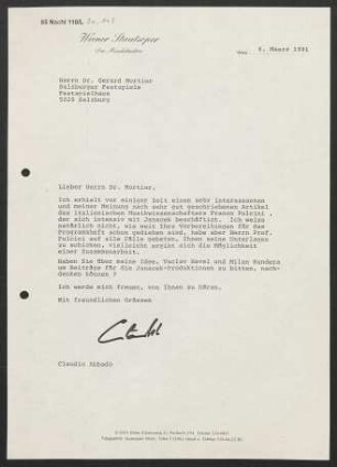 Brief an Gerard Mortier an Salzburger Festspiele, 06.03.1991