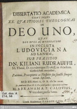Dissertatio academica continens XX. quaestiones theologicas de Deo uno