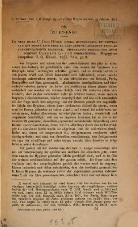 Zu Hyginus : Besprechung von Carolus Lange, De nexu inter C. Julii Hygini opera mythologia et fabularum qui nomen eins prae se fert librum Moguntiae sumptibus C. G. Kunzii. 1865