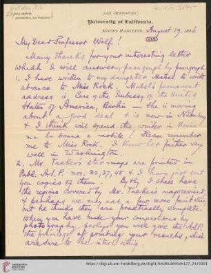 Brief von Edward Singleton Holden an Max Wolf: Brief von Edward Singleton Holden von Lick Observatory an Max Wolf