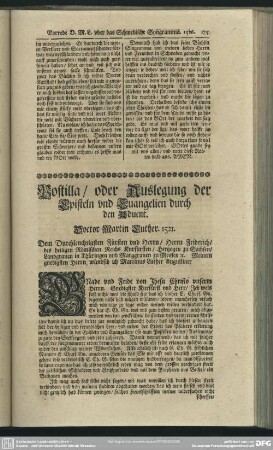 Postilla, oder Auslegung der Episteln und Evangelien durch den Advent. Doctor Martin Luther. 1521