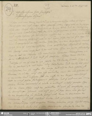 Eigenh. Brief von Christian Lassen an August Wilhelm von Schlegel, London, 20.08.1824