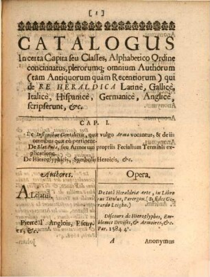 Catalogus plerorumque omnium authorum, tam antiquorum quam recentiorum, qui de re heraldica ... scripserunt