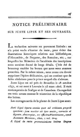 Notice Préliminaire Sur Juste Lipse Et Ses Ouvrages.