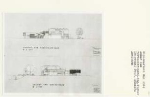 Aquarium, Berlin-Tiergarten (Diplomarbeit bei Kurt Dübbers): Ansichten vom Wirtschaftshof und Eingangshof 1:200