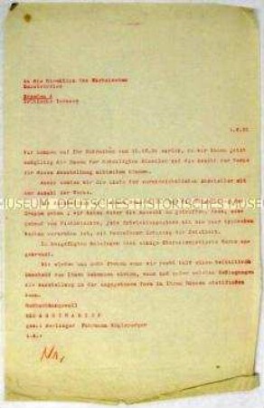 Durchschlag eines Schreibens der Künstlervereinigung "Die Abstrakten" an den Sächsischen Kunstverein zu einem Ausstellungsvorhaben - Sachkonvolut