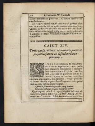 Caput XIV. Tertia causae coitionis: incommoda praeterita, praesentia, futura ex dissensione Evangelicorum.