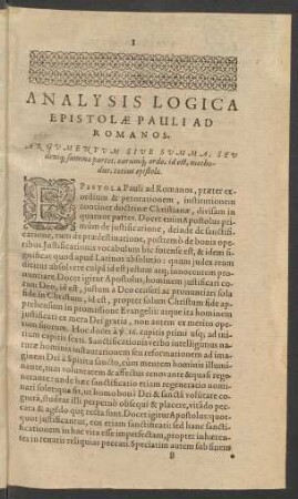 Argvmentvm Sive Svmma, Sev deniq[ue] summae partes, earumq[ue] ordo, id est, methodus, totius epistolae.