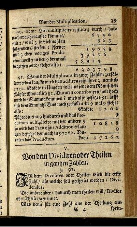 V. Von dem Dividiren oder Theilen in ganzen Zahlen.