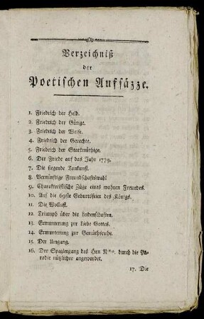 Verzeichniß der Poetischen Aufsäzze.
