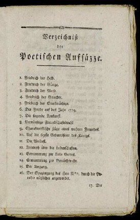 Verzeichniß der Poetischen Aufsäzze.