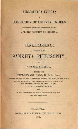 Sāṃkhyasāra, a Treatise of Sāṃkhya Philosophy : Edited by Fitz-Edward Hall