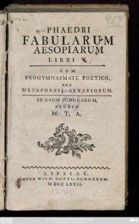 Phaedri Fabularum Aesopiarum Libri V : Cum Progymnasmate Poetico, Seu Metaphrasi Senariorum