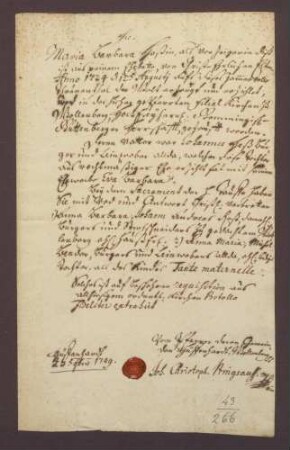 Taufschein der Maria Barbara Hess zu Wollenberg.
