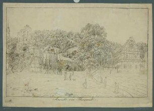 Tharandt, Ortsansicht mit Kirche, Ruine und Angler links sowie Schaukel und Gebäude mittig und Straße, Postmeilensäule und Fachwerkhaus rechts