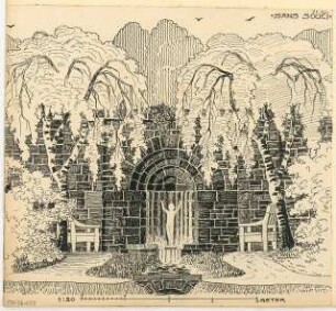 Wasserkunst in einem Park (Quellfassung) Monatskonkurrenz Februar 1909: Aufriss Vorderansicht 1:20; Maßstabsleiste