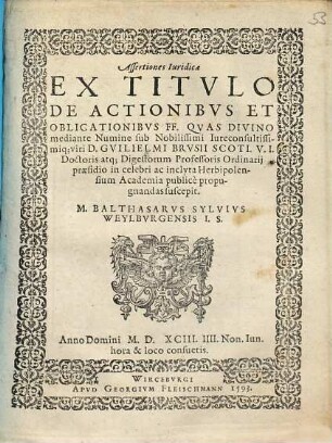 Assertiones Iuridicae Ex Titulo De Actionibus Et Oblicationibus FF.