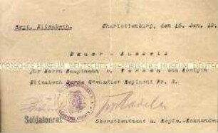 Ausweis des Soldatenrates des Elisabeth-Regiments für einen Hauptmann
