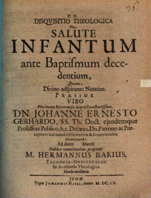 Disquisitio theol. de salute infantum ante baptismum decedentium
