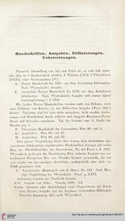 Handschriften, Ausgaben, Erläuterungen, Uebersetzungen