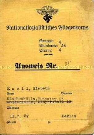 Nationalsozialistisches Fliegerkorps Ausweis Für Elsbeth Knoll
