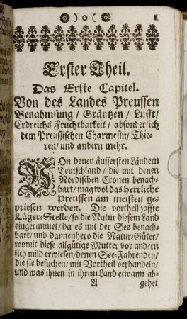 Das erste Capitel. Von des Landes Preussen Benahmung / Gräntzen / Lufft / Erdreichs Fruchtbarkeit [...]
