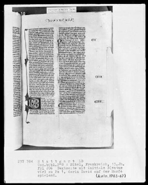 Bibel — Initiale B (eatus vir), darin spielt David auf der Harfe, Folio 206recto