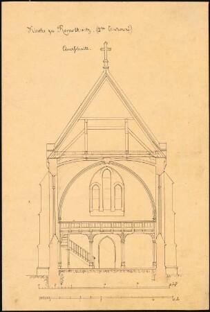 Kirche, Romolkwitz 2. Projekt: Querschnitt, 2 Maßstabsleisten (Fuß, Meter)