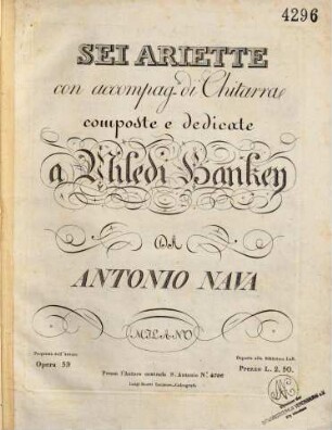 Sei ariette con accompag.to di chitarra : opera 59