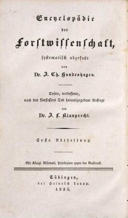 Encyklopädie der Forstwissenschaft, 1. Forstliche Productionslehre