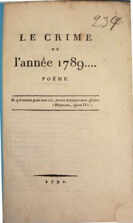 Le Crime Ou l'année 1789 ... : Pöeme